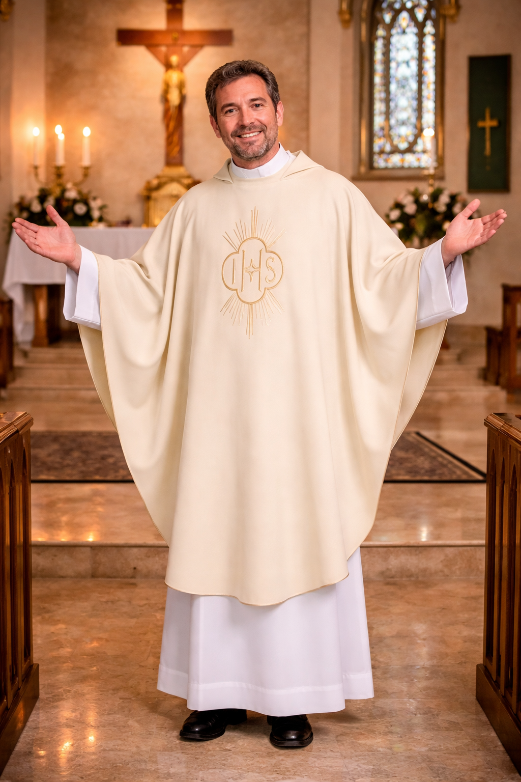 Priest in ivory vestment with IHS symbol in a church setting