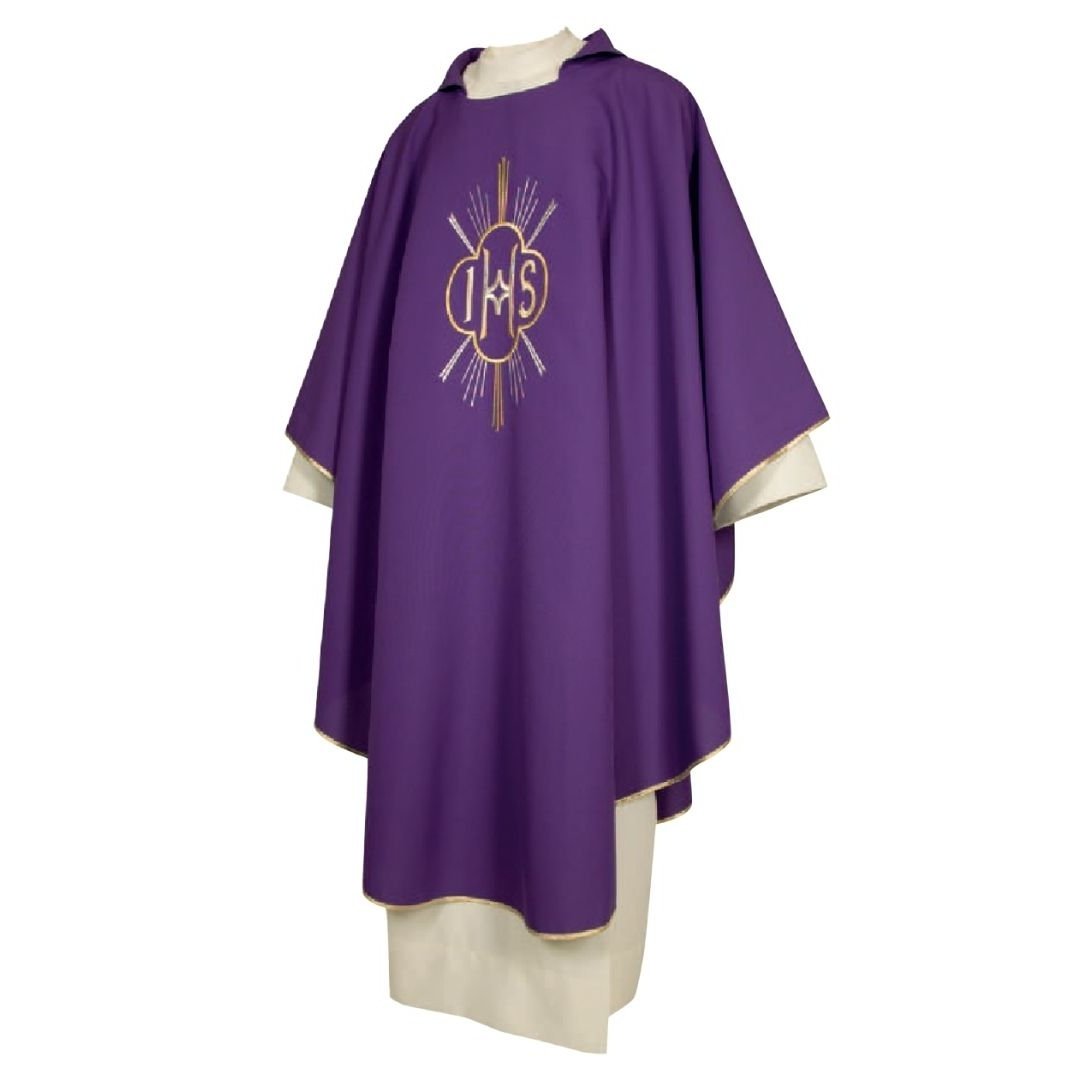 Gothic chasuble with IHS embroidered design in purple made in Italy and sold by The Clergy Store