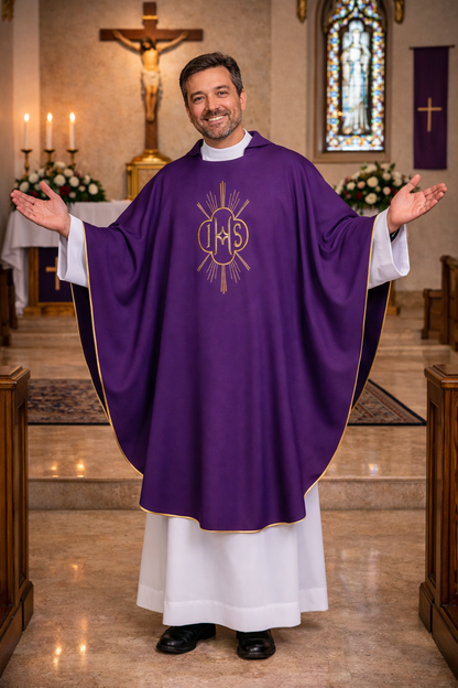 Priest in purple vestment with IHS symbol in a church setting