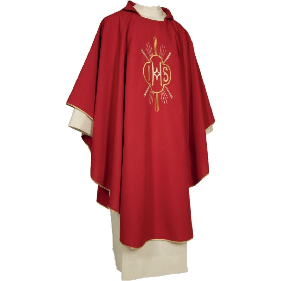 Gothic chasuble with IHS embroidered design in red made in Italy and sold by The Clergy Store