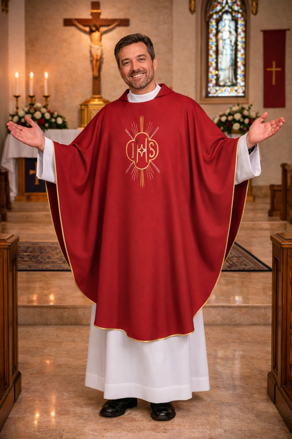 Priest in red vestment with IHS symbol in a church setting