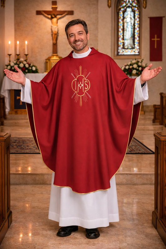 Priest in red vestment with IHS symbol in a church setting