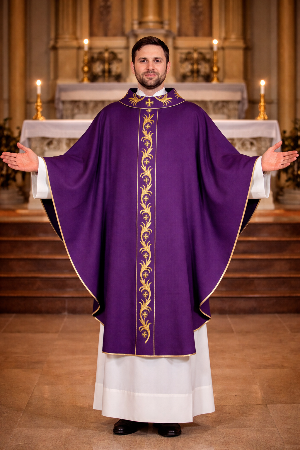 Priest in purple liturgical vestment with gold embroidery in a church setting