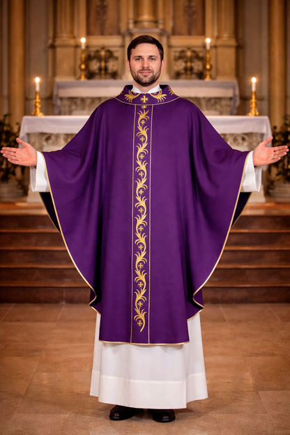 Priest in purple liturgical vestment with gold embroidery in a church setting