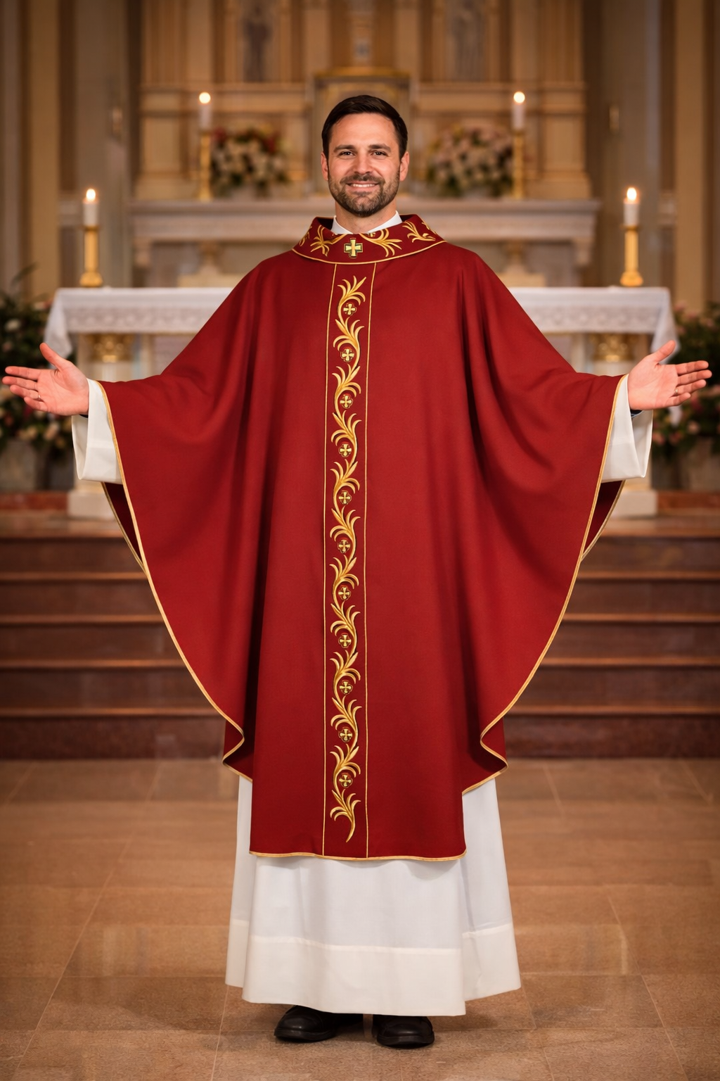 Priest in red liturgical vestment with gold embroidery in a church setting