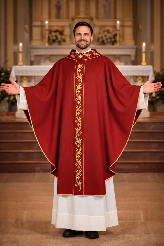 Priest in red liturgical vestment with gold embroidery in a church setting