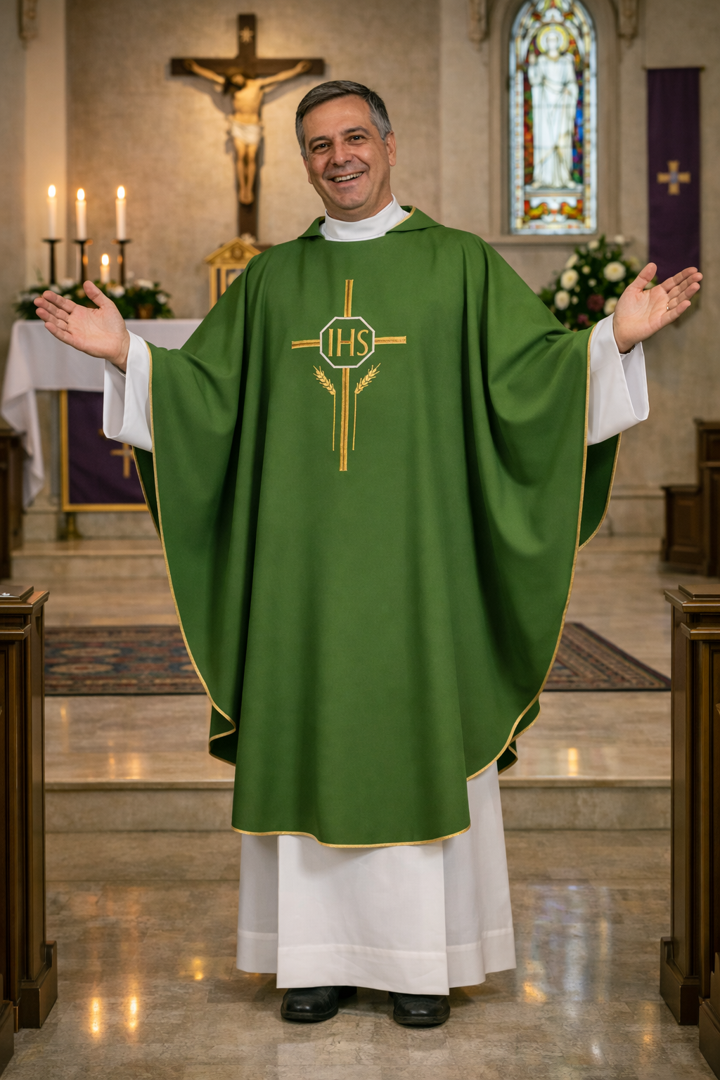 Priest in green vestment with IHS symbol in a church setting