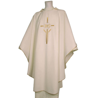 Chasuble with IHS design in ivory made in Italy and sold by The Clergy Store