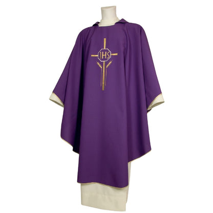 Chasuble with IHS design in purple made in Italy and sold by The Clergy Store