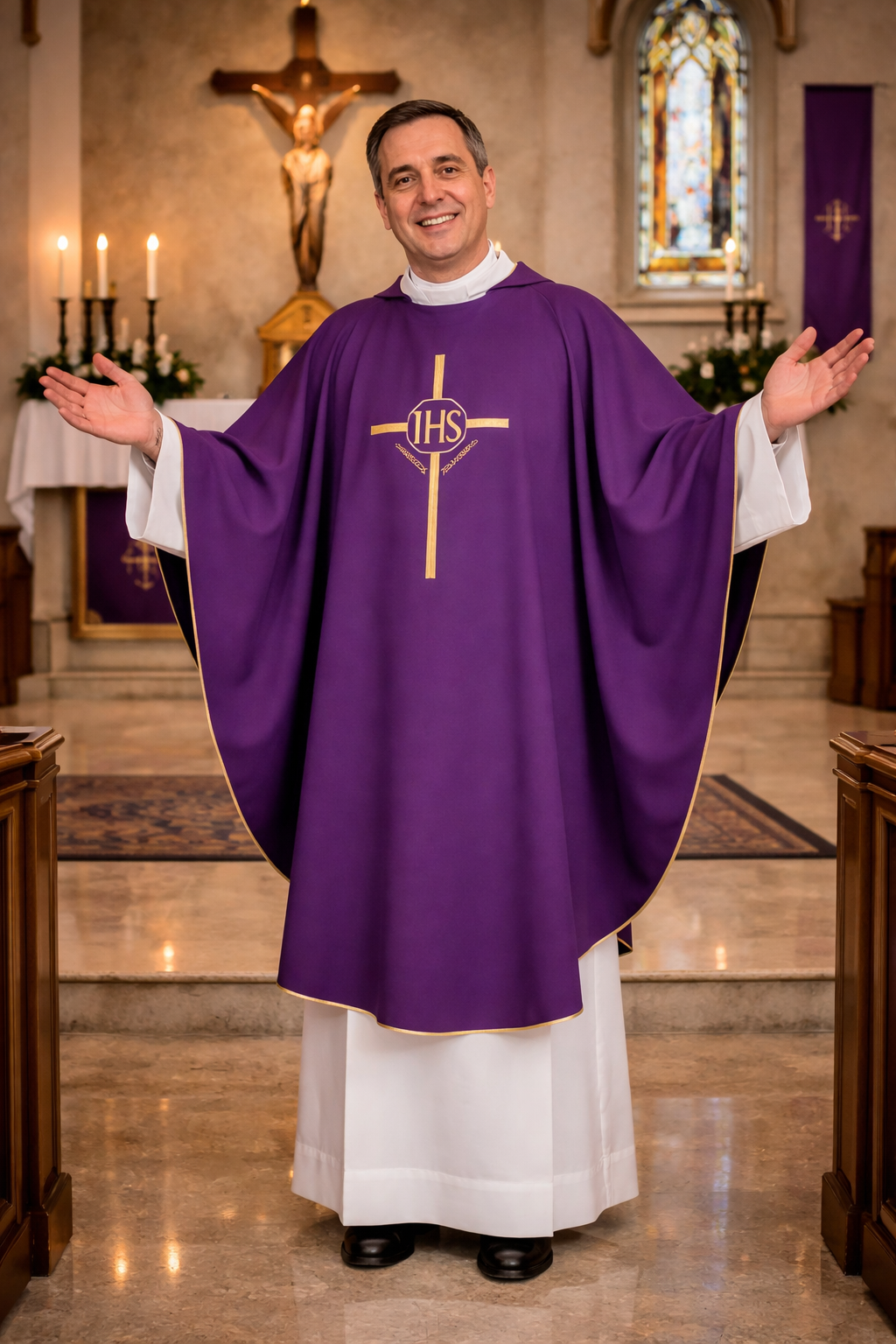 Priest in purple liturgical vestments with 'IHS' symbol in a church setting.