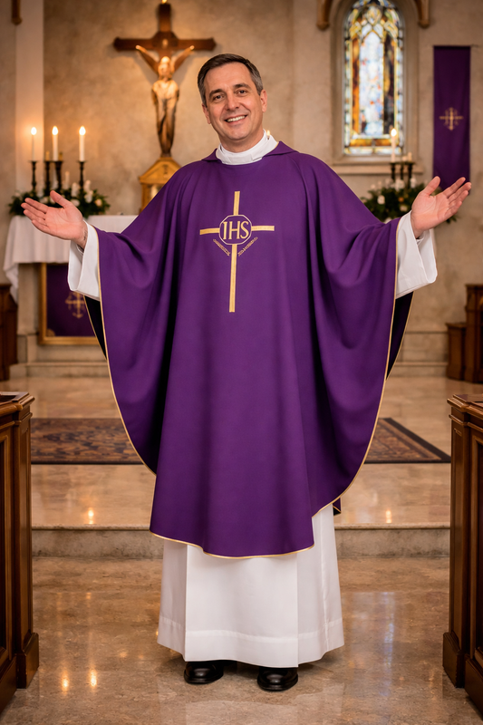 Priest in purple liturgical vestments with 'IHS' symbol in a church setting.