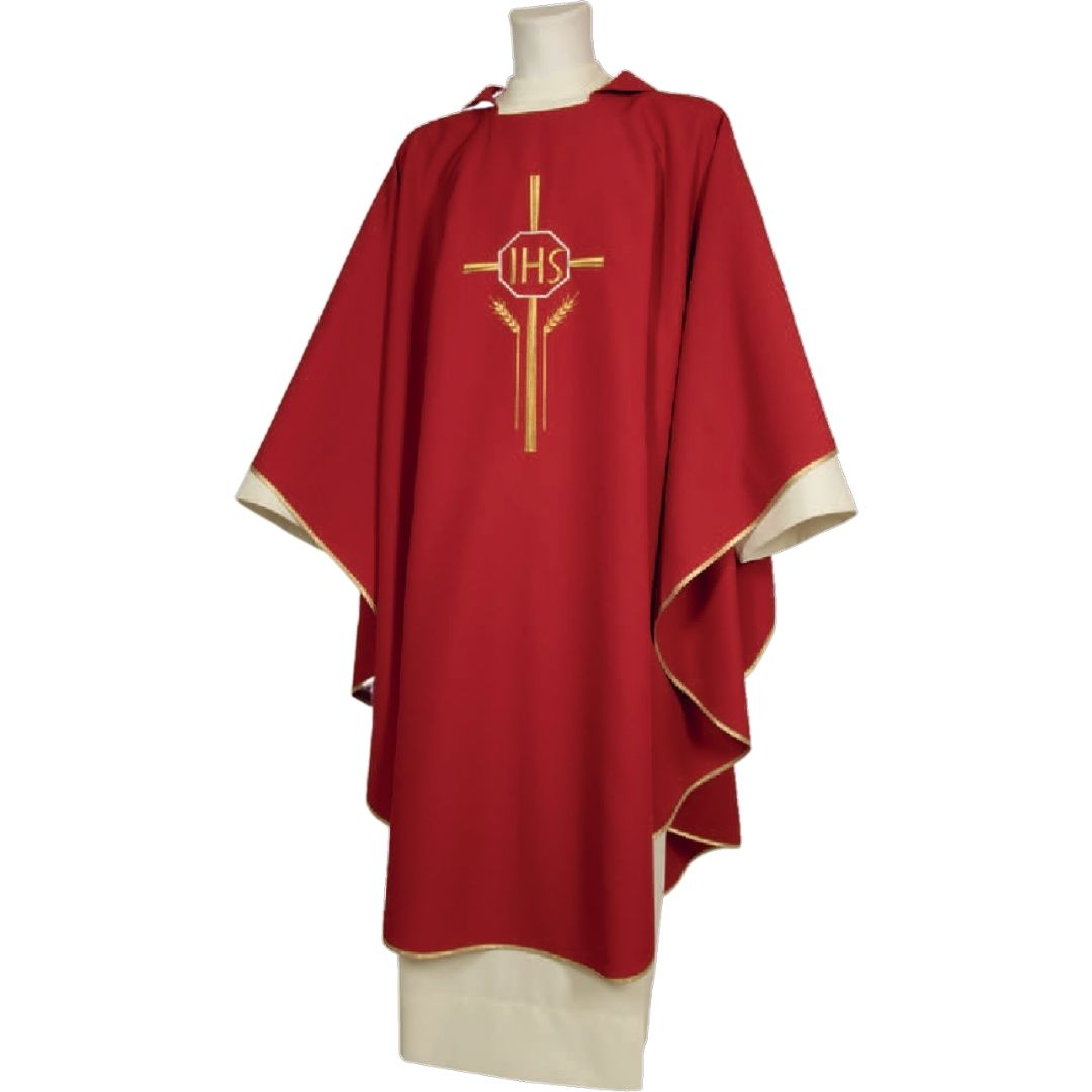 Chasuble with IHS design in red made in Italy and sold by The Clergy Store