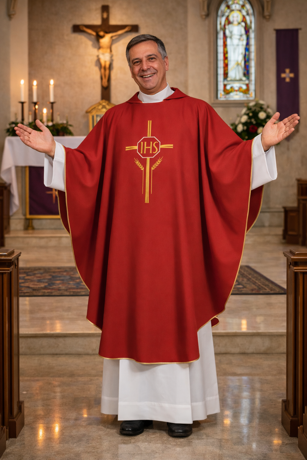 Priest in red and white liturgical vestments with 'IHS' symbol in a church setting.