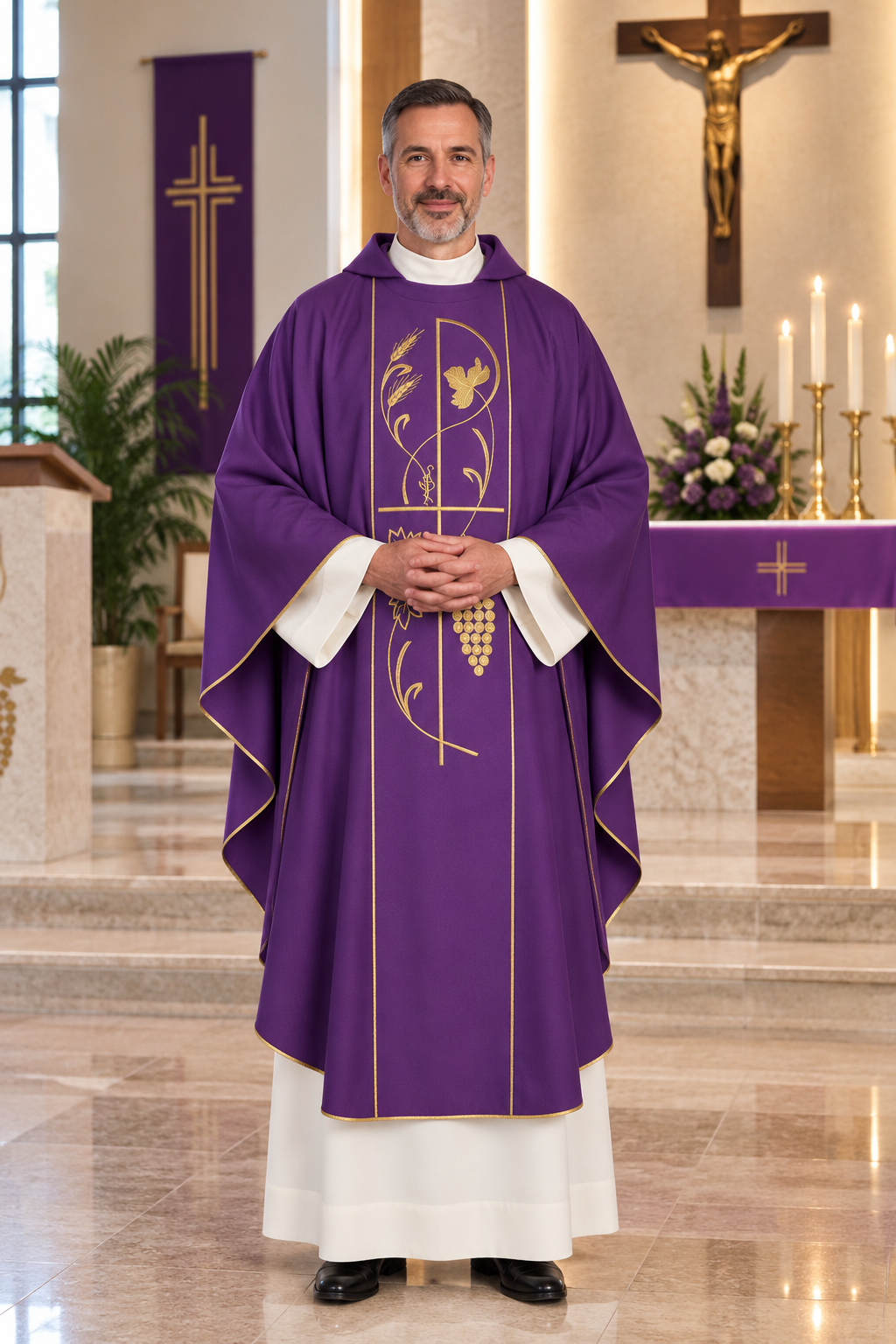 A man wearing a purple and white liturgical vestment with gold embroidery stands in a church setting with a altar, crucifix, and candles in the background.