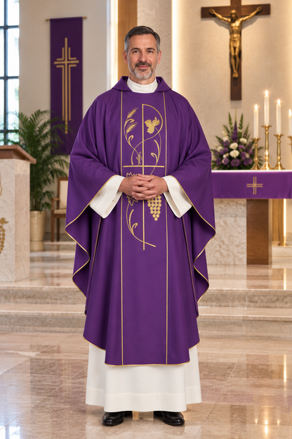 A man wearing a purple and white liturgical vestment with gold embroidery stands in a church setting with a altar, crucifix, and candles in the background.
