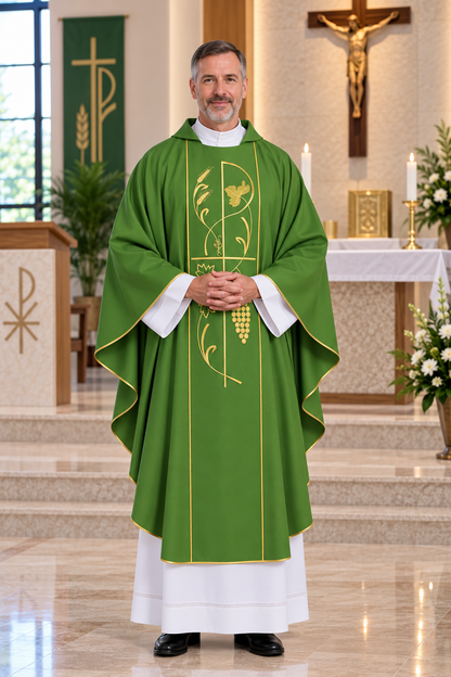 A man wearing a green and gold liturgical vestment stands in a church setting with an altar, crucifix, and candles in the background.