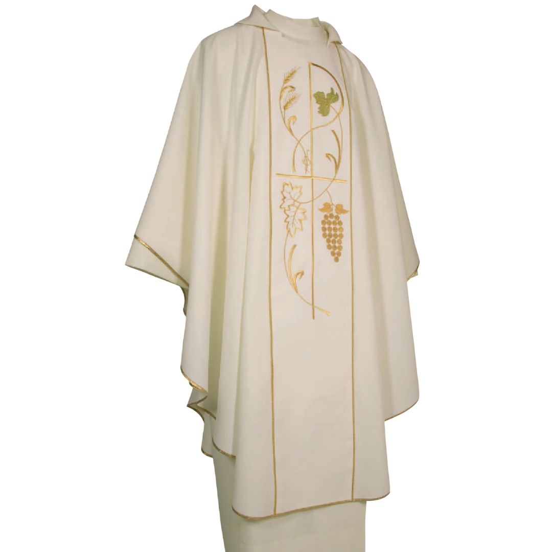 Gothic chasuble ivory chi rho  ith grapes and vines made in Italy and sold y The Clergy Store