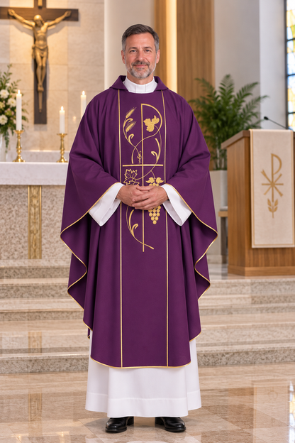 A man wearing a purple and white liturgical vestment with gold embroidery stands in a church setting with an altar, candles, and a crucifix in the background.