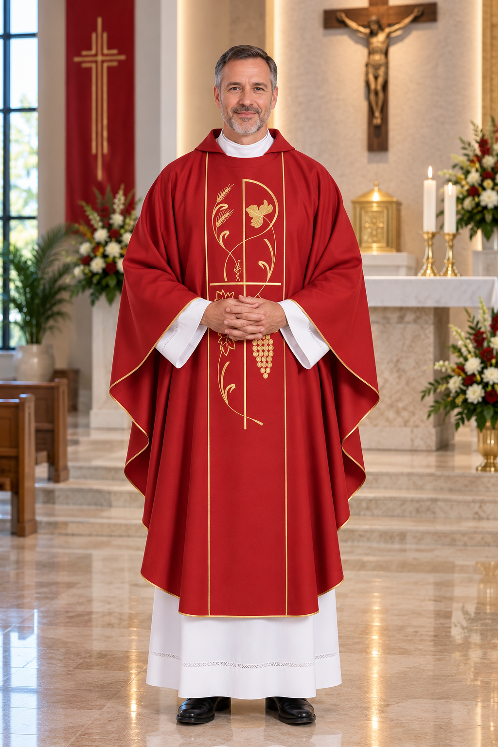 A man wearing a red and gold liturgical vestment stands in a church interior with a crucifix and altar visible in the background.