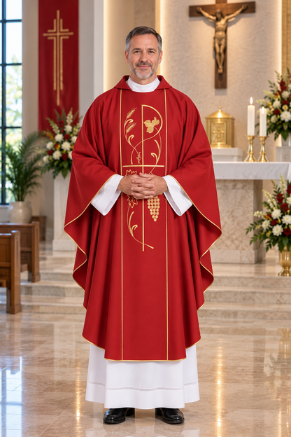 A man wearing a red and gold liturgical vestment stands in a church interior with a crucifix and altar visible in the background.