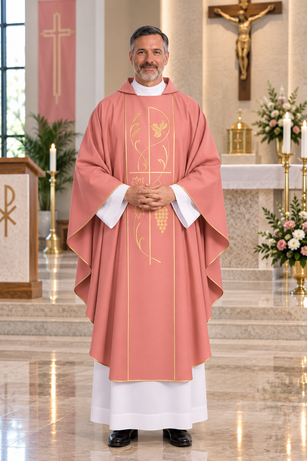 A man wearing a pink and gold liturgical vestment stands in a church altar setting. The garment has a pink base with gold embroidered details, white underlayers, and black shoes, set against a decorated church interior with a crucifix and flowers.