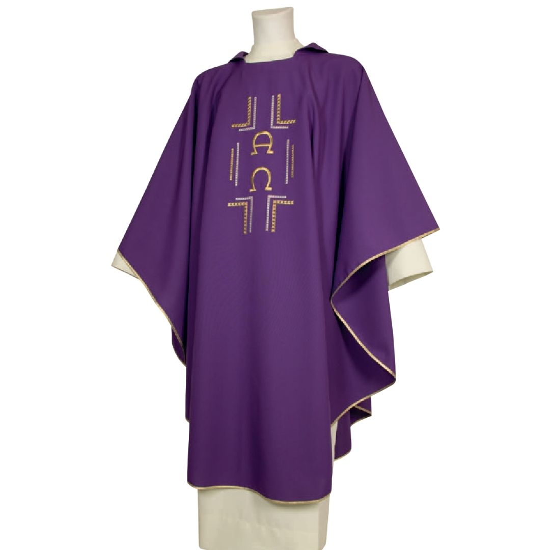 Gothic chasuble purple with Alpha Omega Made in Italy and sold by The Clergy Store