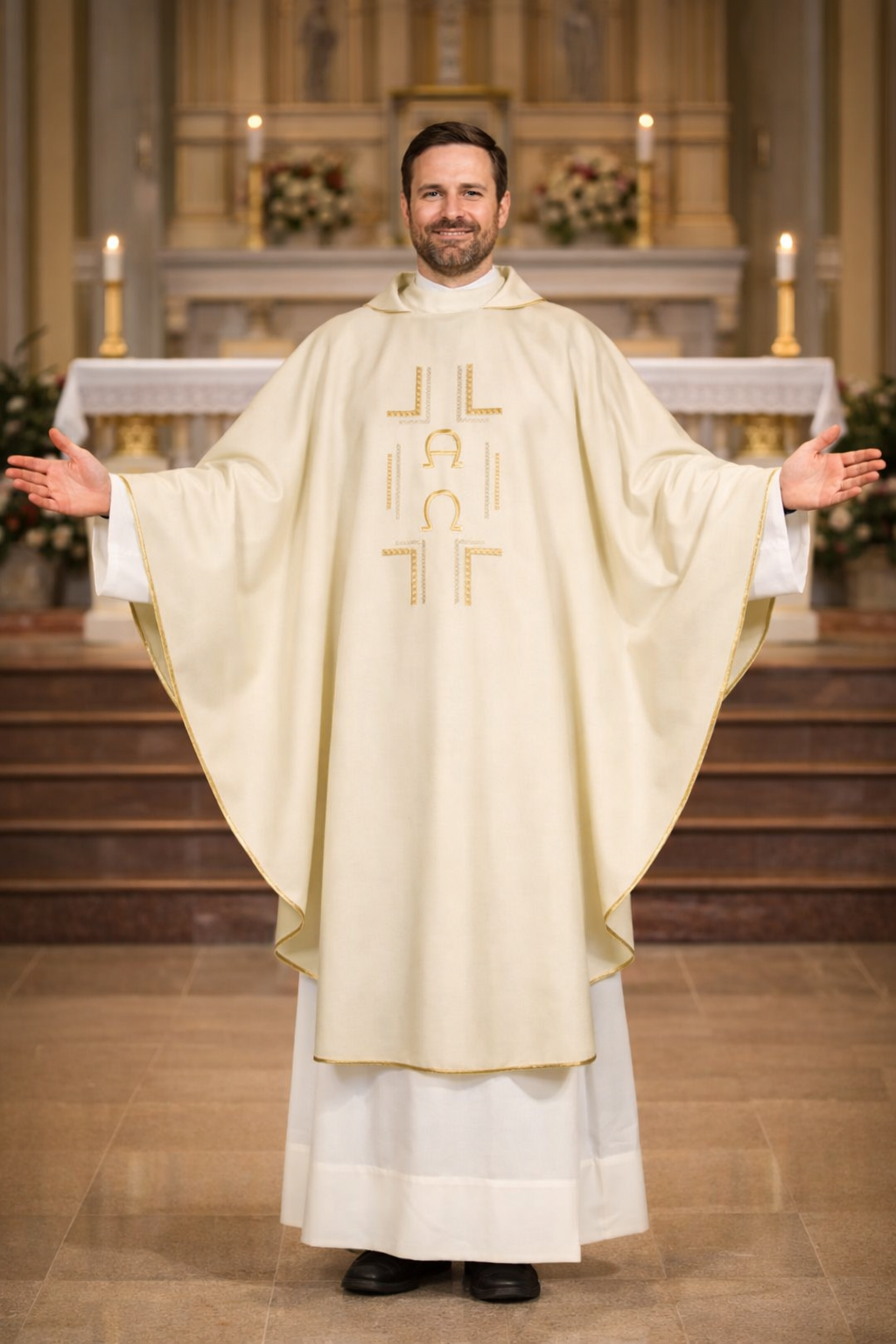 Priest in a white liturgical vestment with gold embroidery in a church setting