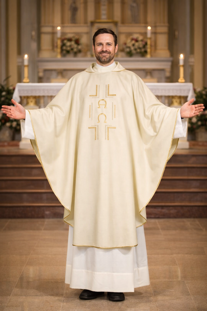 Priest in a white liturgical vestment with gold embroidery in a church setting