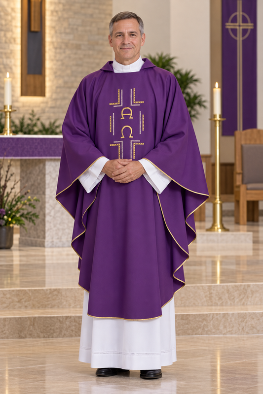 A man wearing a purple liturgical vestment with gold embroidery and white sleeves, standing in a church interior with candles and altar visible in the background.