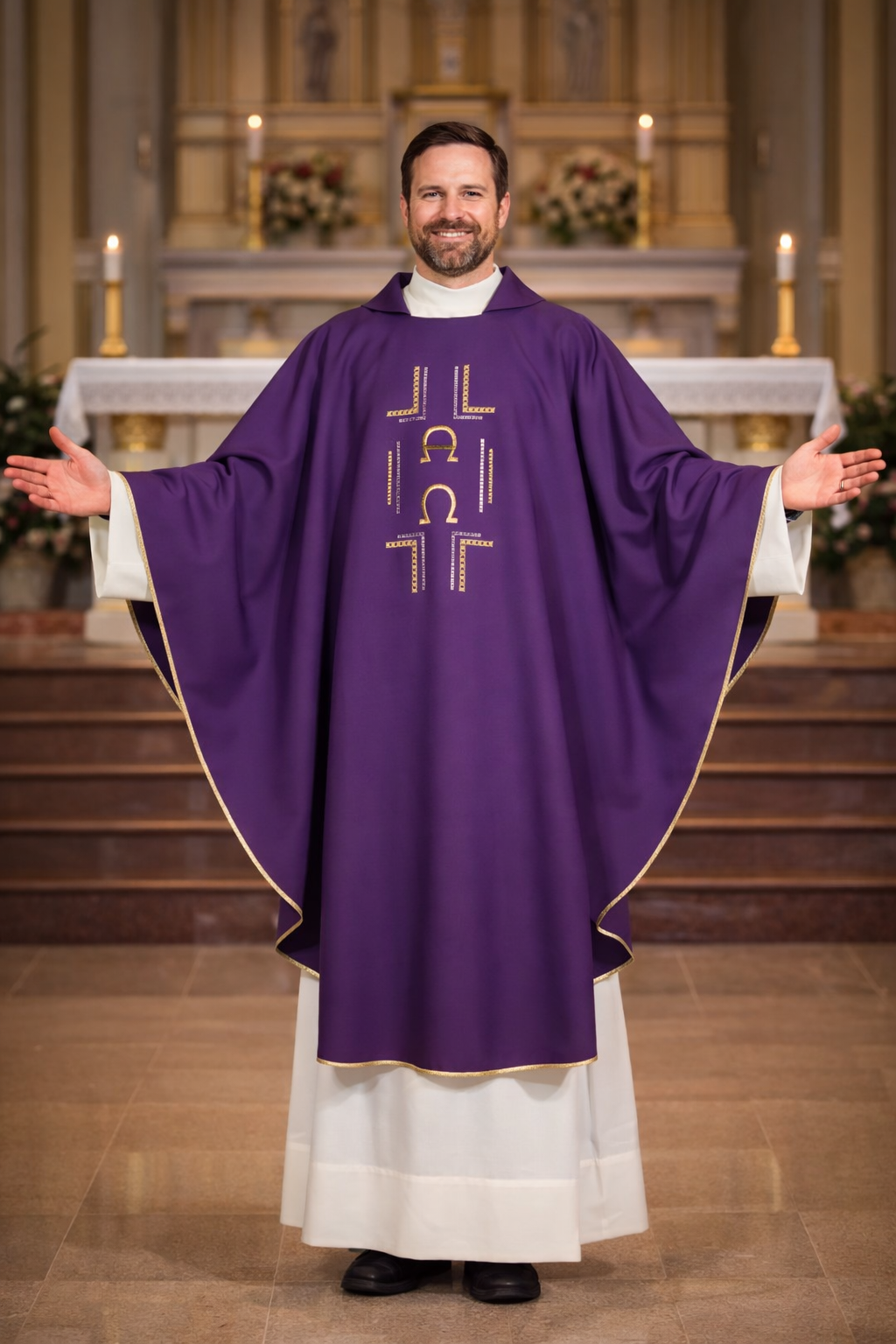 Priest wearing a purple liturgical vestment with a white stole in a church setting.