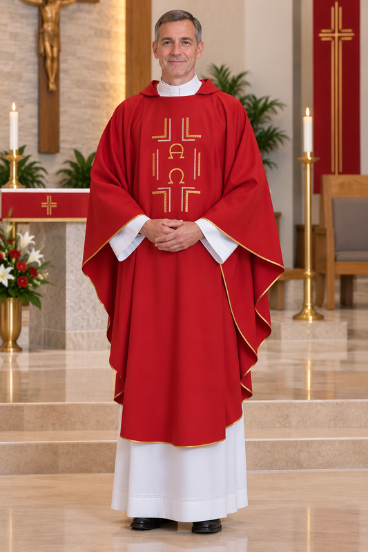 A man wearing a red and white liturgical vestment stands in a church interior. The garment has a rich red body with gold embroidered decorative motifs on the chest and neckline, white sleeves and underlayer, and a white collar.