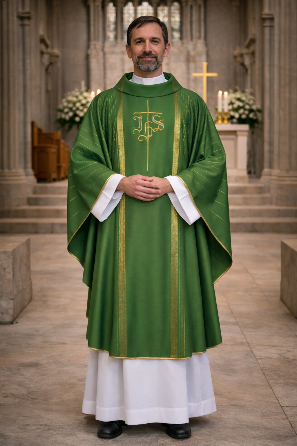 Priest in green liturgical vestment with white stole standing in a church.