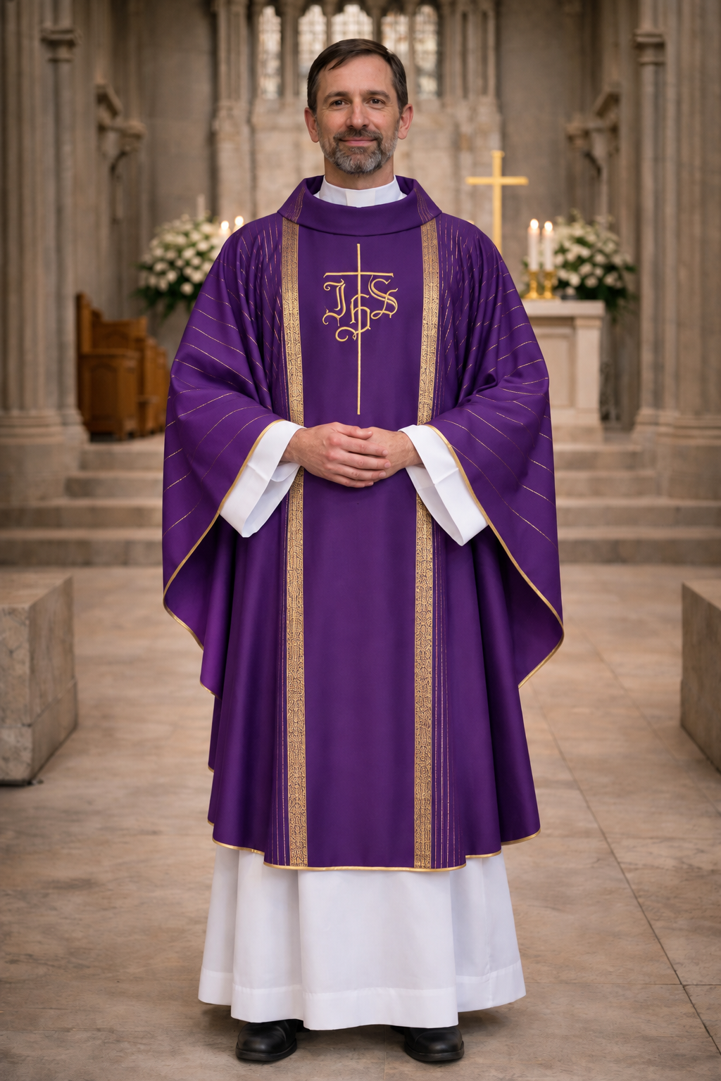 Purple chasuble made from wool material and with an embroidered IHS design. 