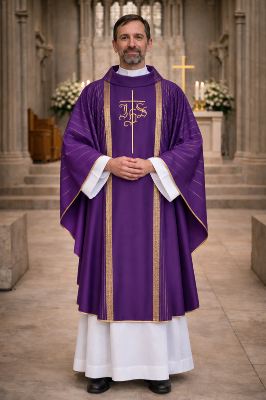 Purple chasuble made from wool material and with an embroidered IHS design. 