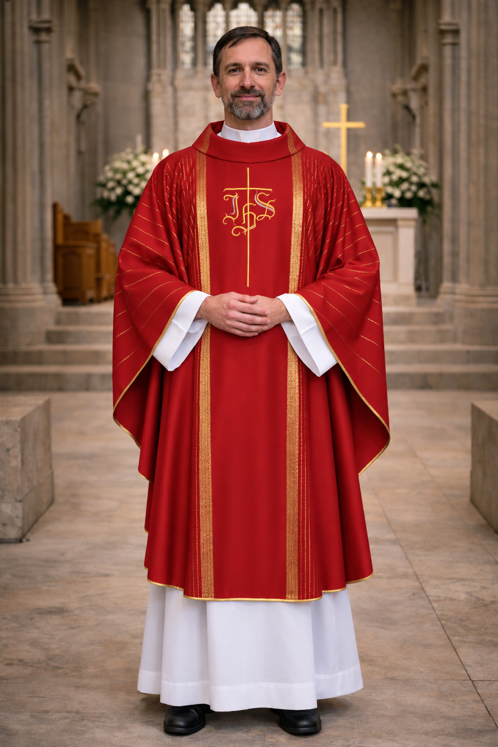 Red chasuble made from wool material and with an embroidered IHS design. 