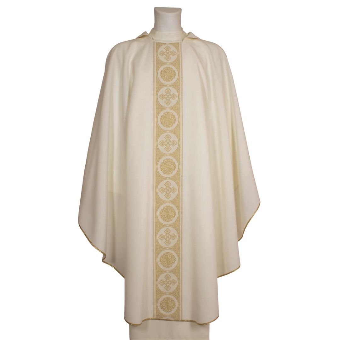 Gothic chasuble ivory with brocade banding orphrey  made in Italy and sold by The Clergy Store