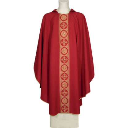 Gothic chasuble red with brocade banding orphrey  made in Italy and sold by The Clergy Store