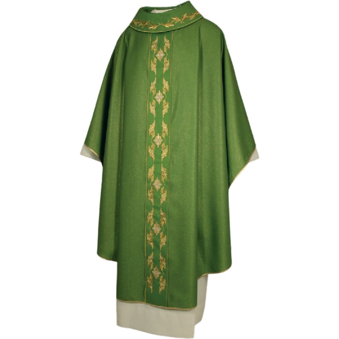 Gothic chasuble with embroidered orphrey green made in Italy and sold by The Clergy Store