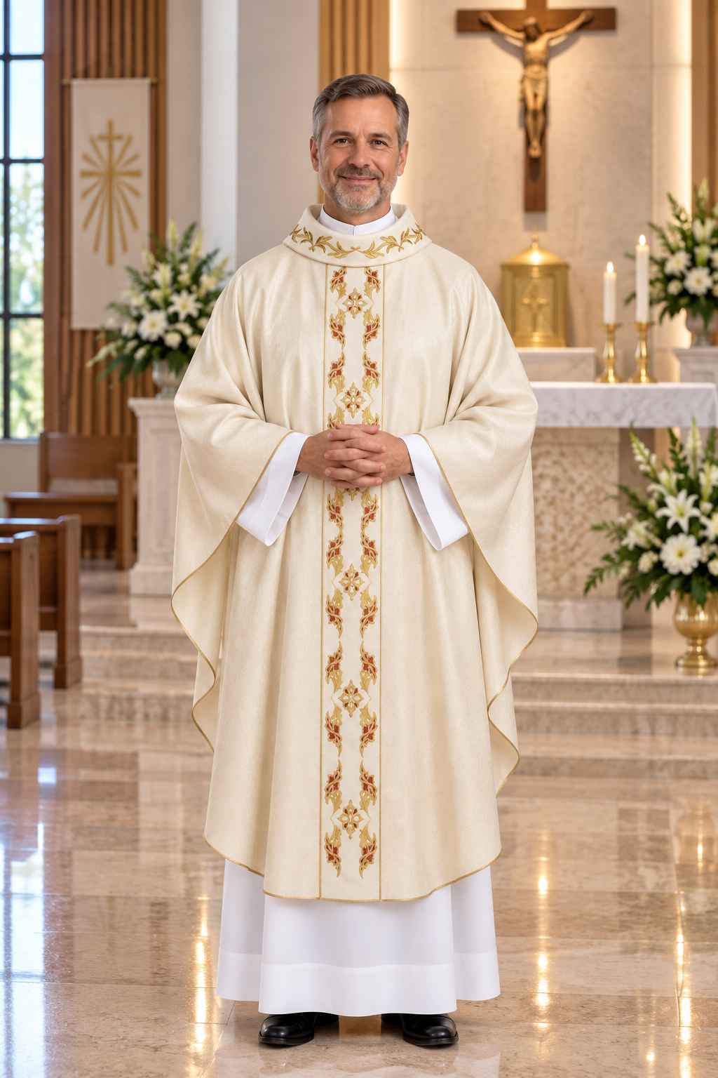 Gothic chasuble with embroidered orphrey ivory made in Italy and sold by The Clergy Store