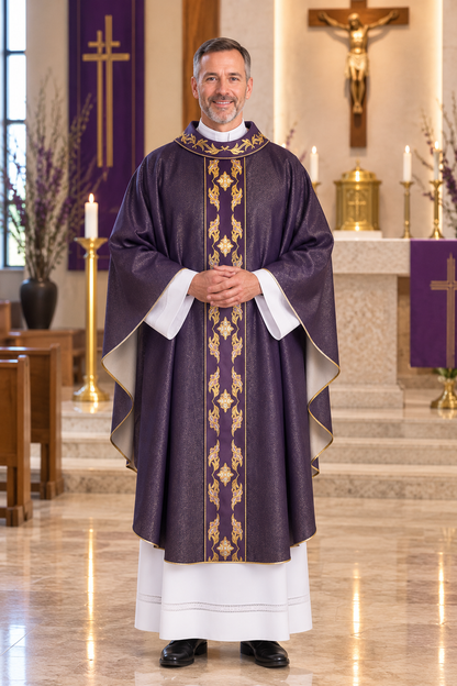 Gothic chasuble with embroidered orphrey ipurple made in Italy and sold by The Clergy Store