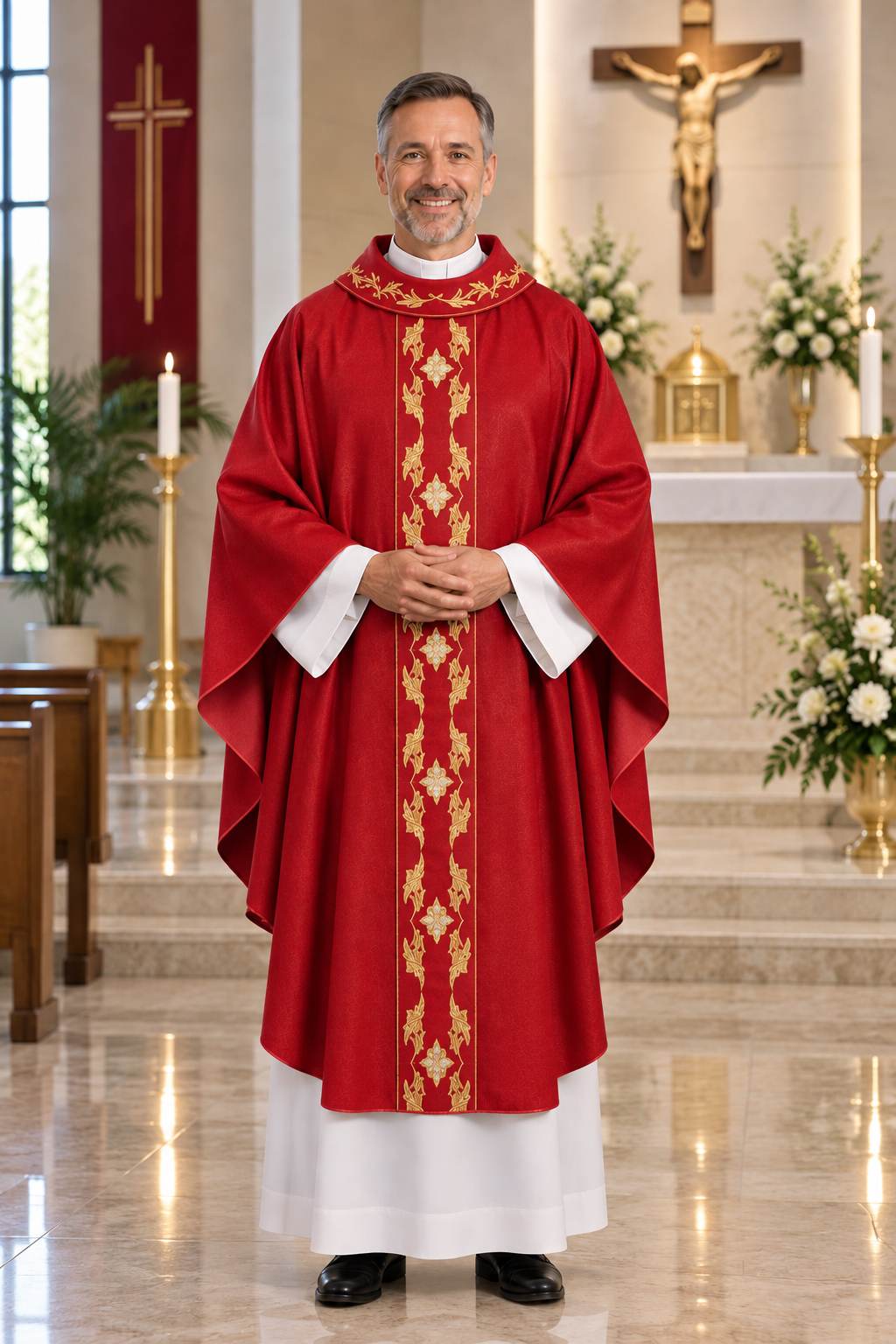 Gothic chasuble with embroidered orphrey red made in Italy and sold by The Clergy Store
