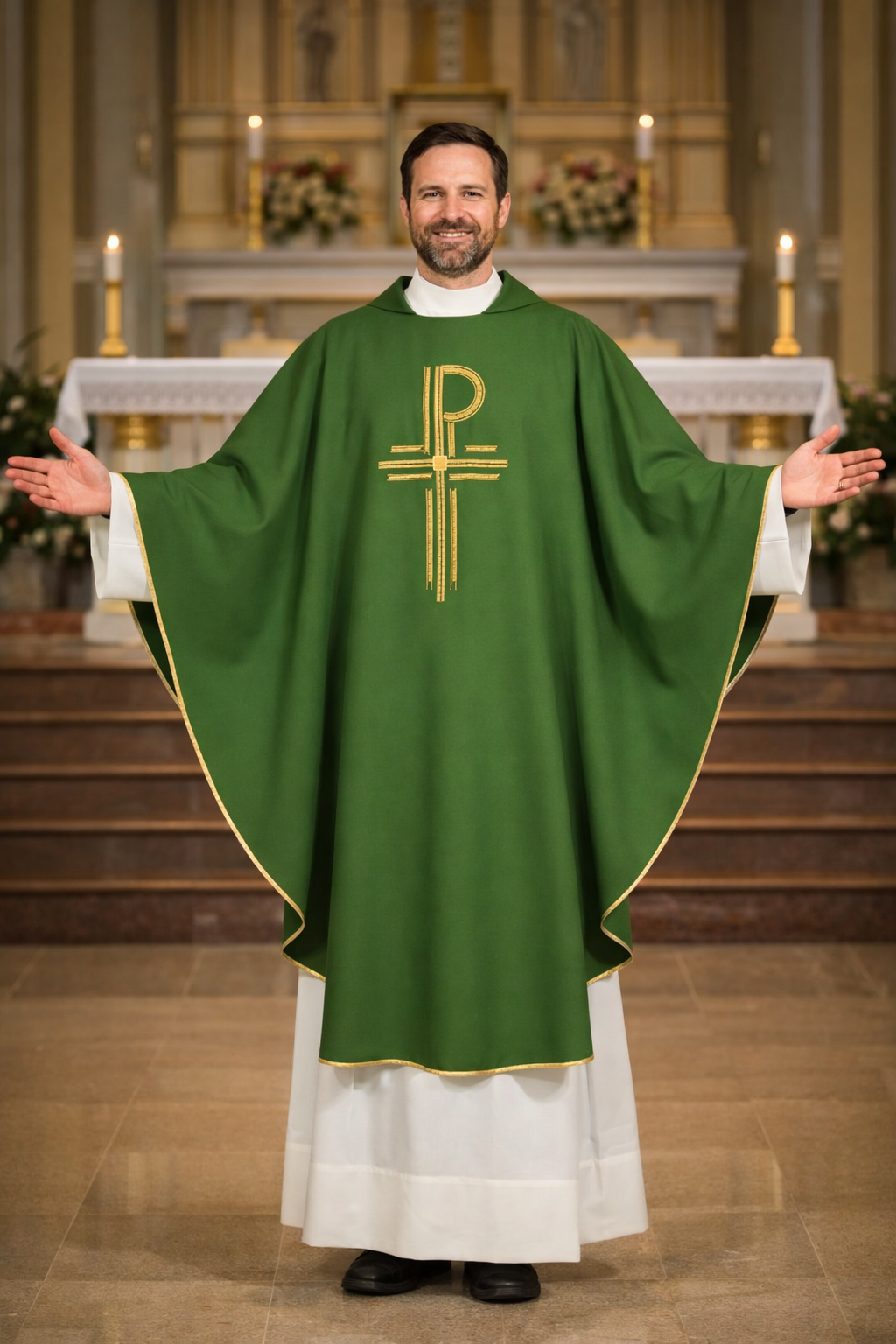 Priest wearing a green liturgical vestment with a gold cross symbol in a church setting.