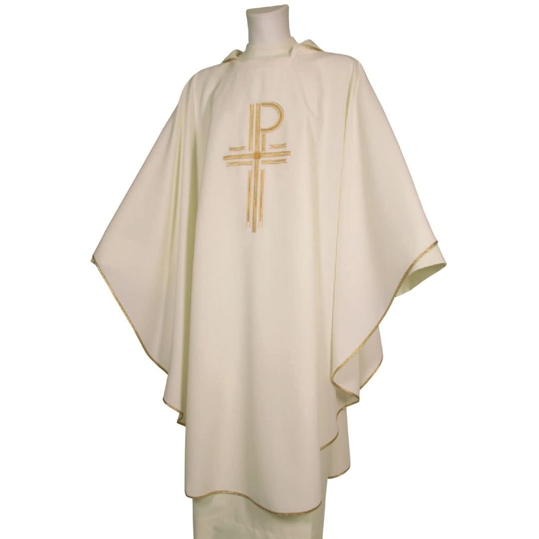 Gothic chasuble ivory with chi rho embroidery made in Italy and sold by The Clergy Store