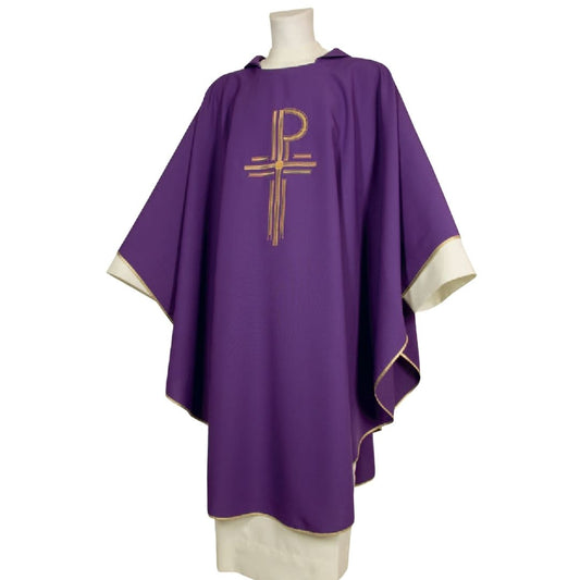 Gothic chasuble purple with chi rho embroidery made in Italy and sold by The Clergy Store