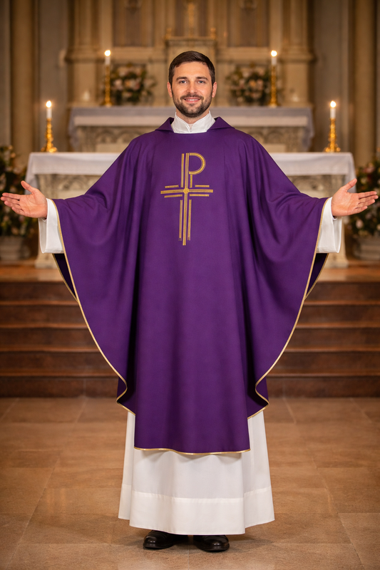 Priest in purple vestment with a cross symbol in a church setting