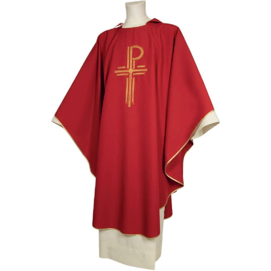 Gothic chasuble red with chi rho embroidery made in Italy and sold by The Clergy Store