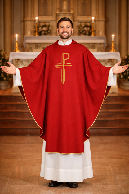 Priest in red liturgical vestment with gold cross symbol in a church setting