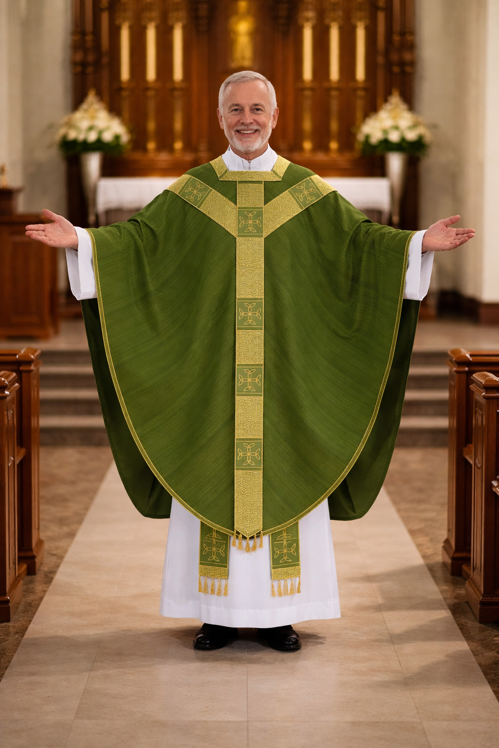 Priest in a green and gold conical vestment standing in a church.