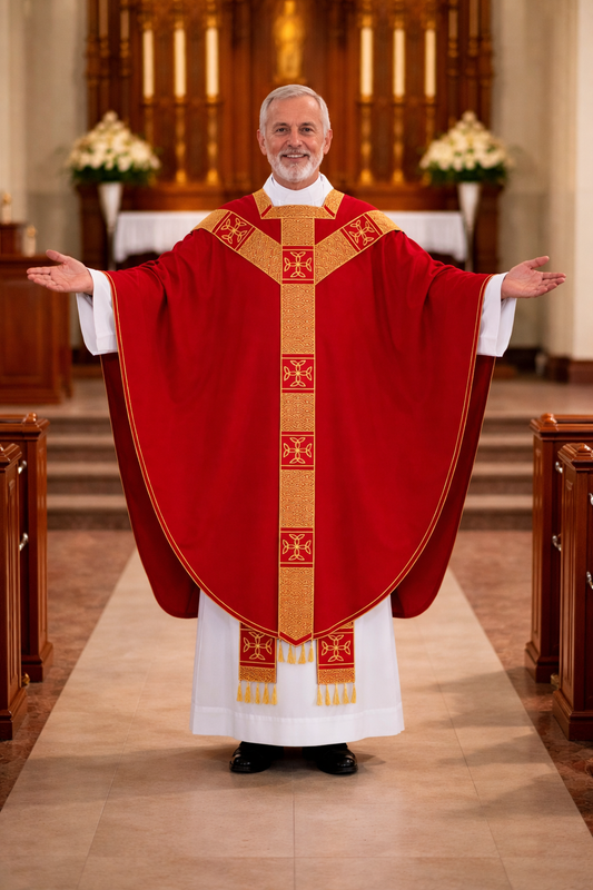 Priest in red  conical liturgical vestment standing in a church aisle.