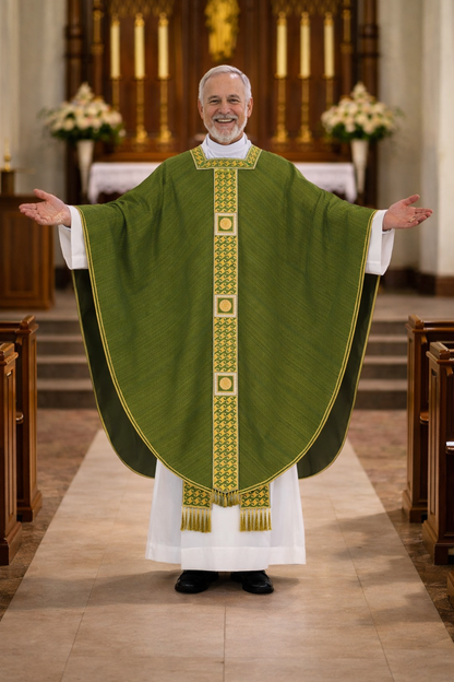 Priest in a green and gold conical vestment standing in a church aisle.